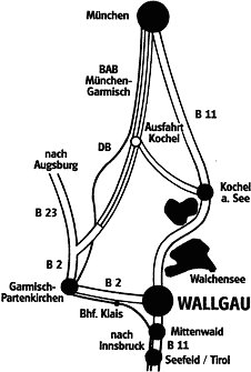 Umgebungskarte: Vermietung Ferienhaus / Ferienwohnung in Wallgau bei Mittenwald / Oberbayern: Vermietung Ferienhaus Vita Bavarica mit 2 Ferienwohnungen in Wallgau