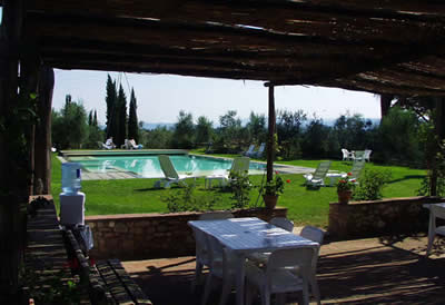 Terrasse und Pool: Altes, exklusives Weingut / Fattoria / Hotelanlage / Anwesen in der Toskana / nahe Florenz, zauberhafter Blick